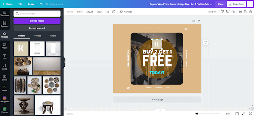 Screenshot showing the canvas and where to add graphics for the logo and how to drag the photo over.