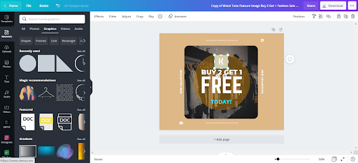 Screenshot showing the canvas and where to add graphics for the logo and showing where you can add more elements.