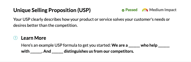 This is a screenshot of an actual audit point on one of our website audits looking at the Unique Selling Proposition.