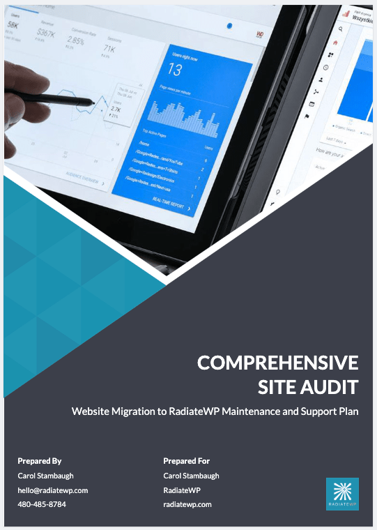 Cover page of a Site Audit Report by RadiateWP
