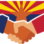 Logo showing two hands of a different race shaking with the AZ flag in the background.
