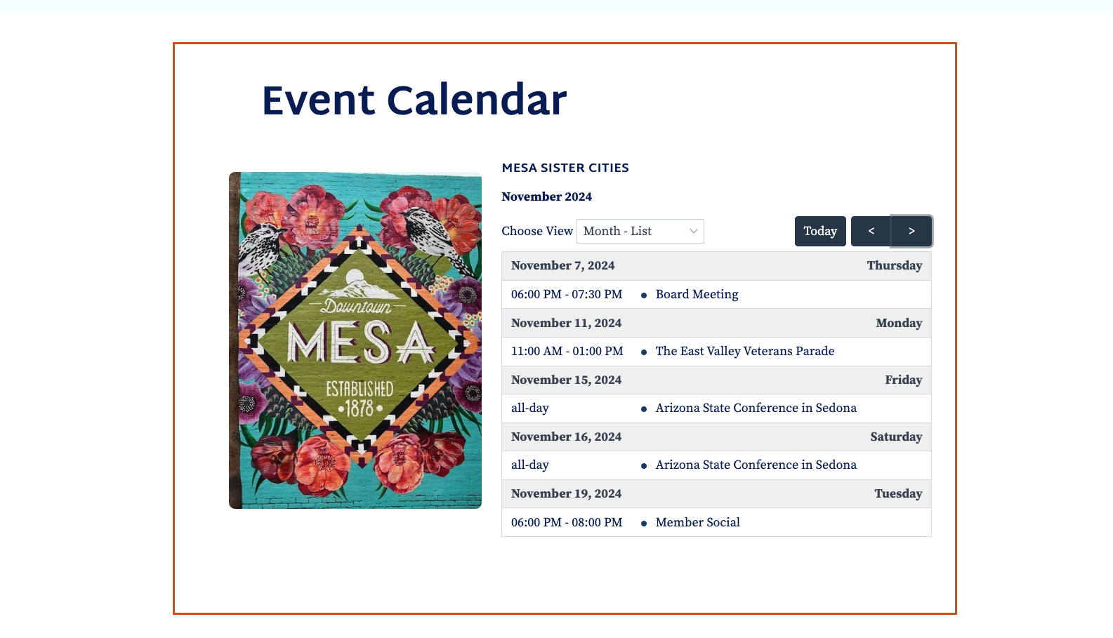 screenshot of the calendar on the home page