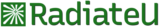 Logo green radiate square with splash shape and the words RadiateU