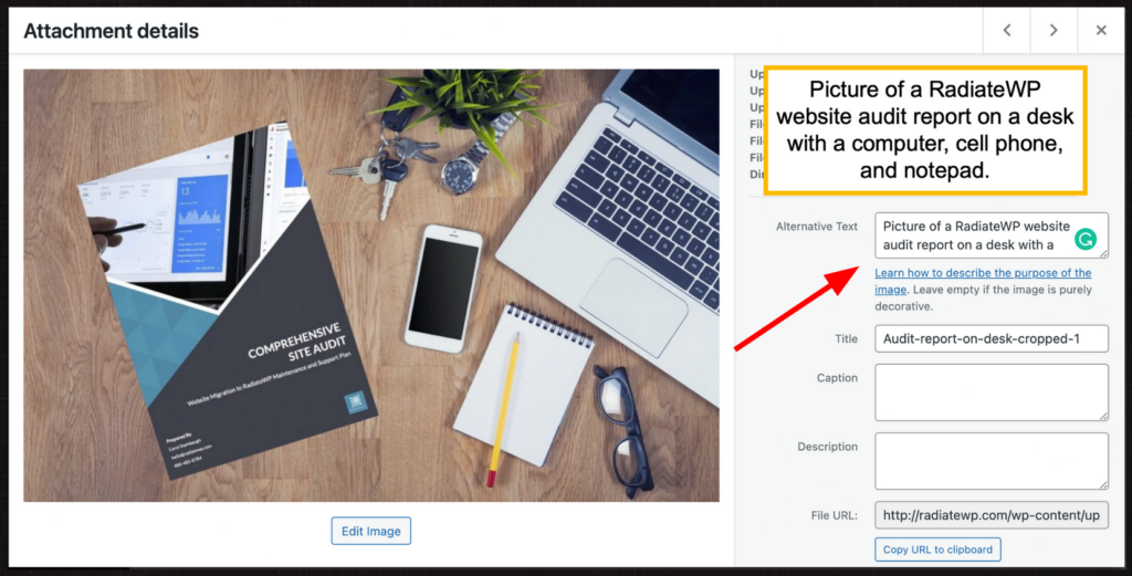 a screenshot showing how to add alt text on a WordPress site.