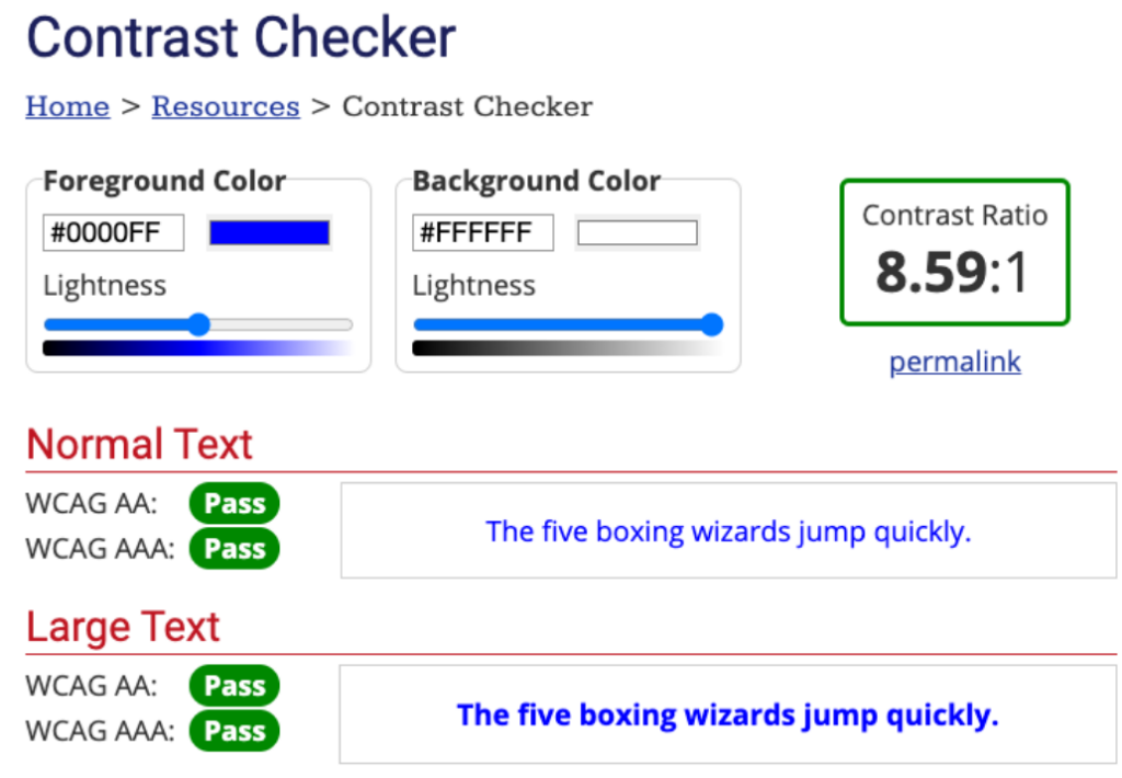 Screenshot showing how the color contrast checker looks. 