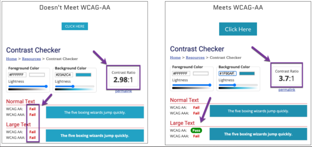 Side by side screenshots showing how a slight change in background color can increase contrast for wcag 2.0 tests.