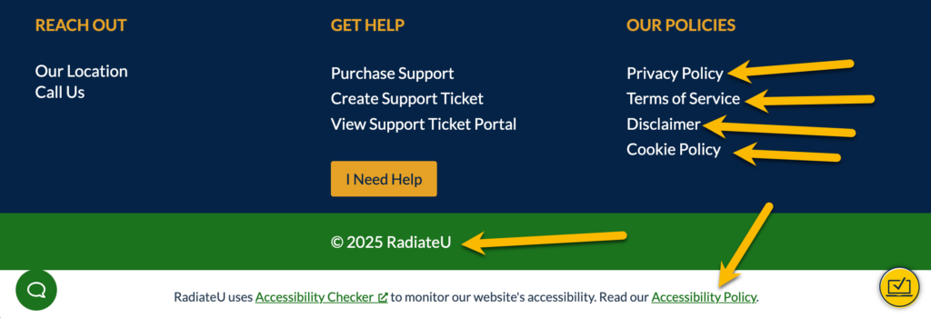 Screenshot of the RadiateU footer showing all of the legal policies.