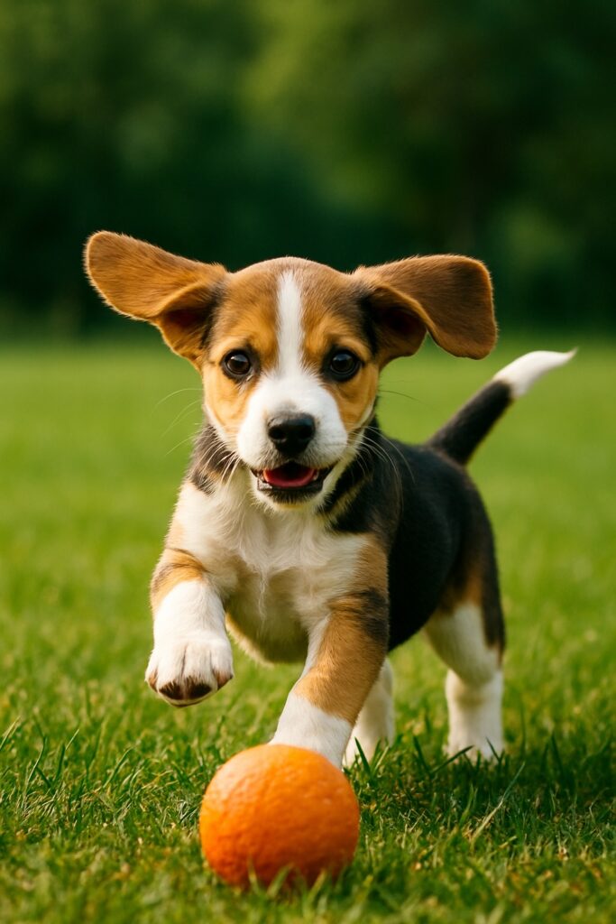 A joyful Beagle puppy runs through a sunlit green field with its ears flapping, chasing an orange ball, symbolizing speed and playfulness.
