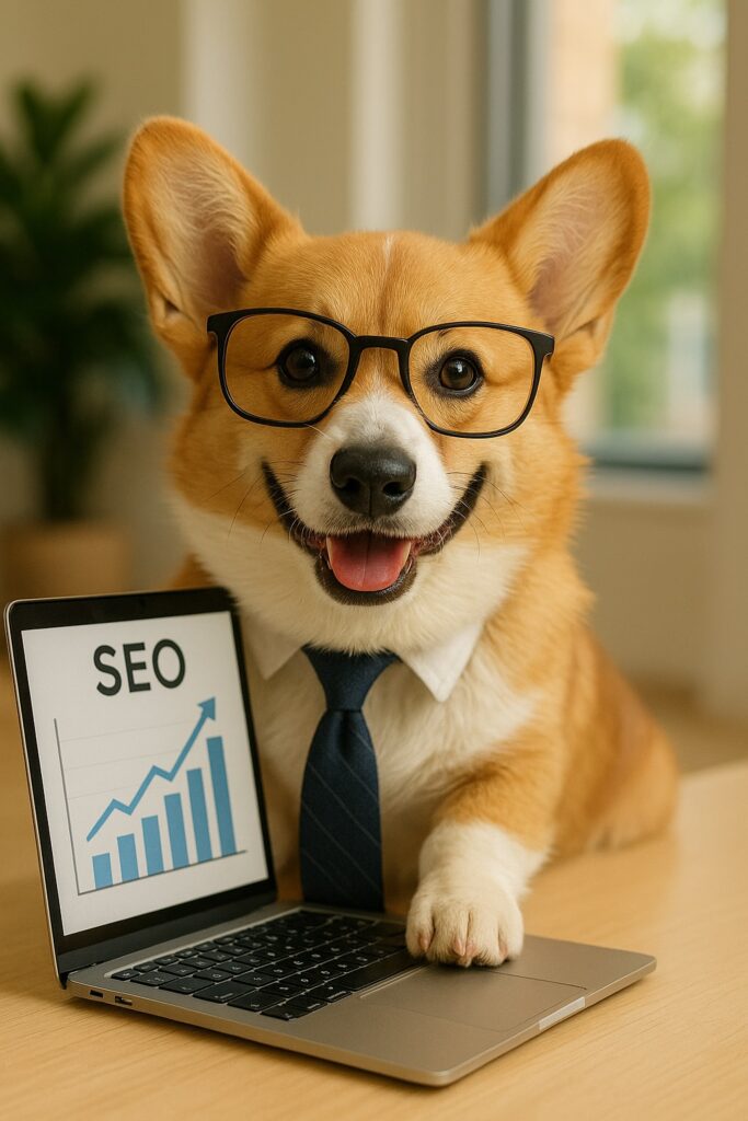 A smiling Corgi puppy in glasses and a tie sits at a desk with a laptop showing an SEO graph.