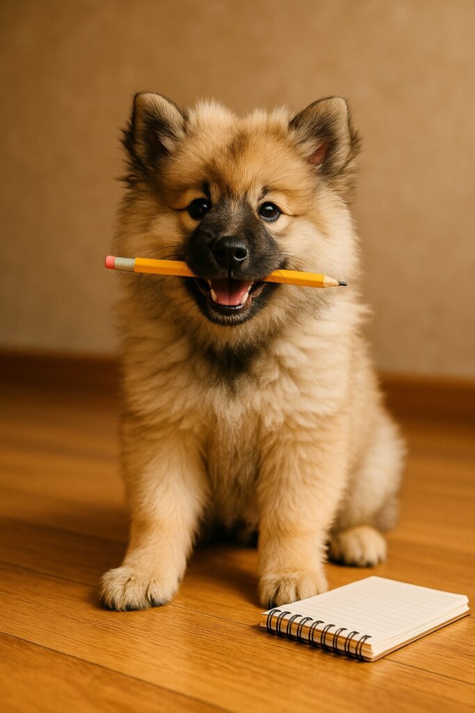 A cheerful Keeshond puppy sits on a wooden floor with a yellow pencil in its mouth and a spiral notepad placed beside its front paw, appearing ready to write.