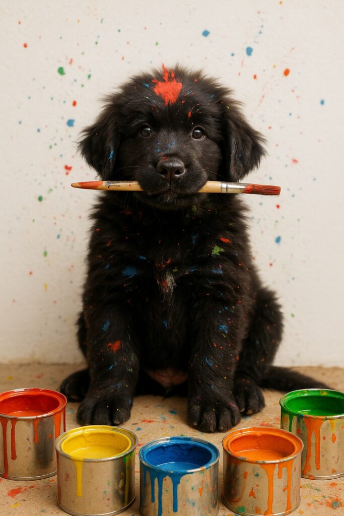 A black Newfoundland puppy with paint splatters on its fur holds a brush in its mouth, sitting among colorful paint cans with a red splash on its forehead.
