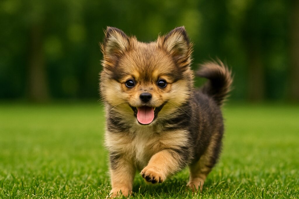 A playful Pomchi puppy runs across a green grassy field in a park, its mouth open in a happy expression and its fluffy coat bouncing with each step.