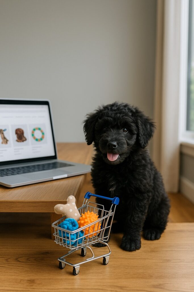 A happy black poodle puppy sits next to a miniature shopping cart filled with colorful dog toys, in front of a laptop displaying a website with pet products, inside a cozy, well-lit room.