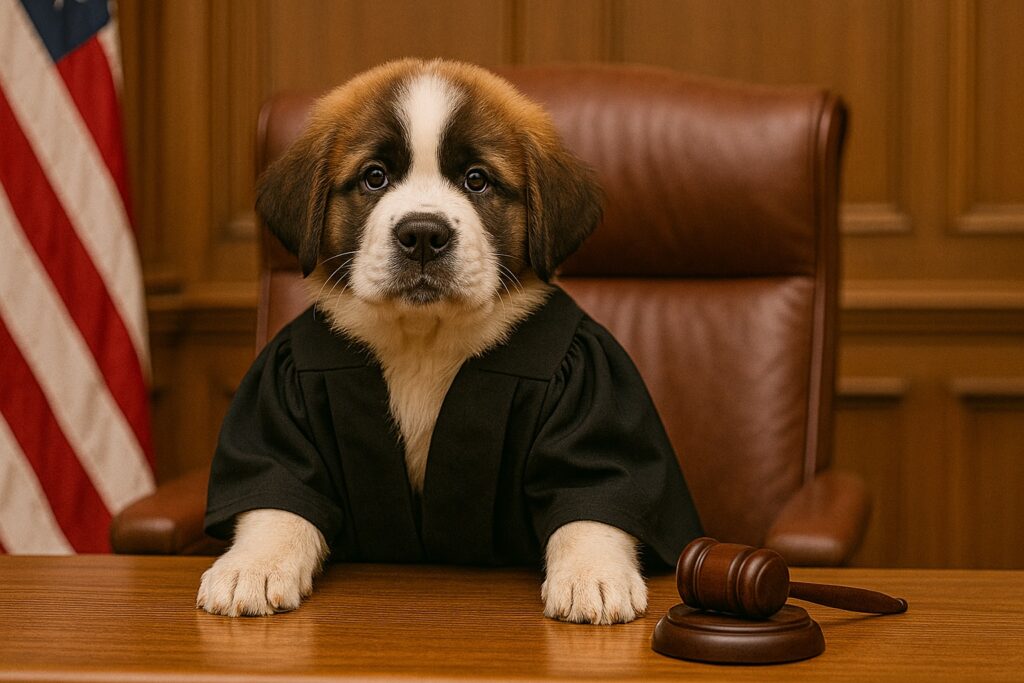 A Saint Bernard puppy dressed in a black judge’s robe sits at a wooden courtroom bench with a gavel beside its paw, posing in front of an American flag and leather chair.
