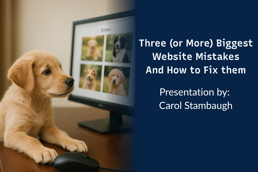 Puppy looking at pictures on a computer with the title of the presentation (Three or More Biggest Website Mistakes and How to Fix them by Carol Stambaugh