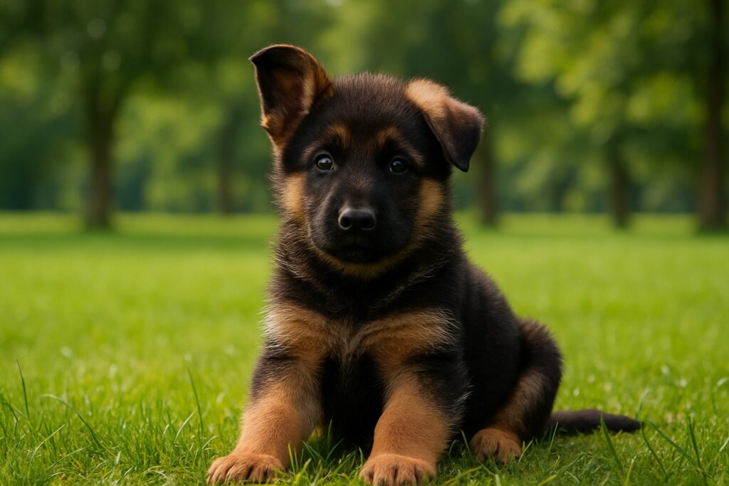 A German Shepherd puppy with a black and tan coat sits attentively on vibrant green grass in a sunlit park.  The background features softly blurred trees and a bright, natural atmosphere.