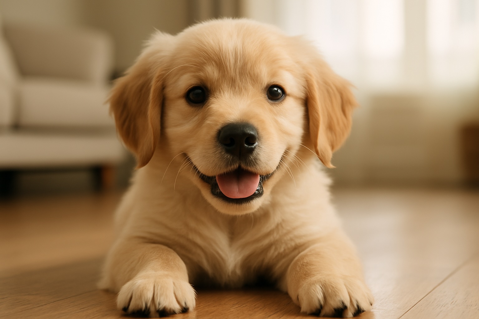 A realistic photo of a golden retriever puppy lying on a hardwood floor in a sunlit living room, looking directly at the camera with its tongue out and a happy expression.