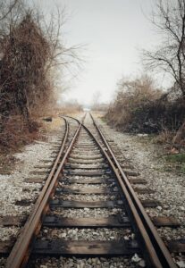 brown metal train rail between bare trees during daytime